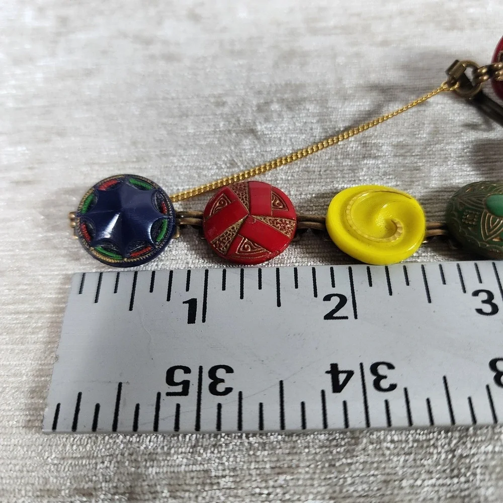 Vintage Colorful Glass Engraved Painted Gold Circle Bracelet 7.5